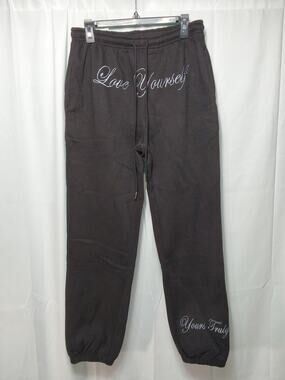 Yours Truly Medium Black Embroidered 'Love Yourself' Drawstring Joggers #J39